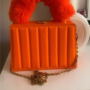 Orange Faux Fur Handle Bag